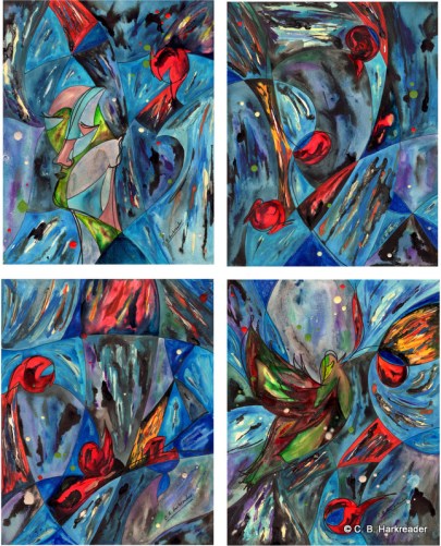 Dream in Green2, 4 paintings 8x10each, copyright C. B. Harkreader