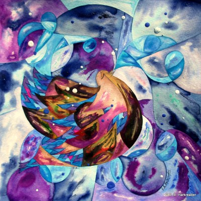 Flying at twilight - Singing a quiet, blue song - As bright clouds swirl by, copyright CBHarkreader, 10x10