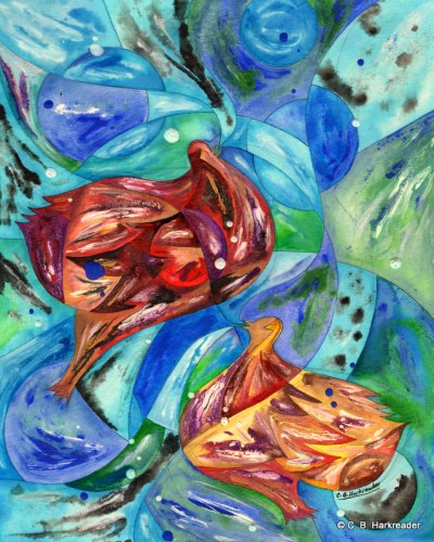 Midday singalong - As snow clouds yield to blue sky - Birds glance north  and laugh, 8x10 copyright CBHarkreader.JPG